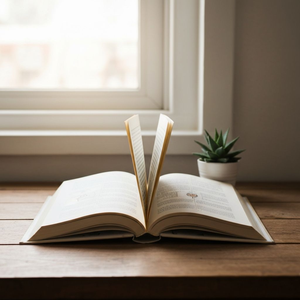 Open book with natural elements representing education and learning